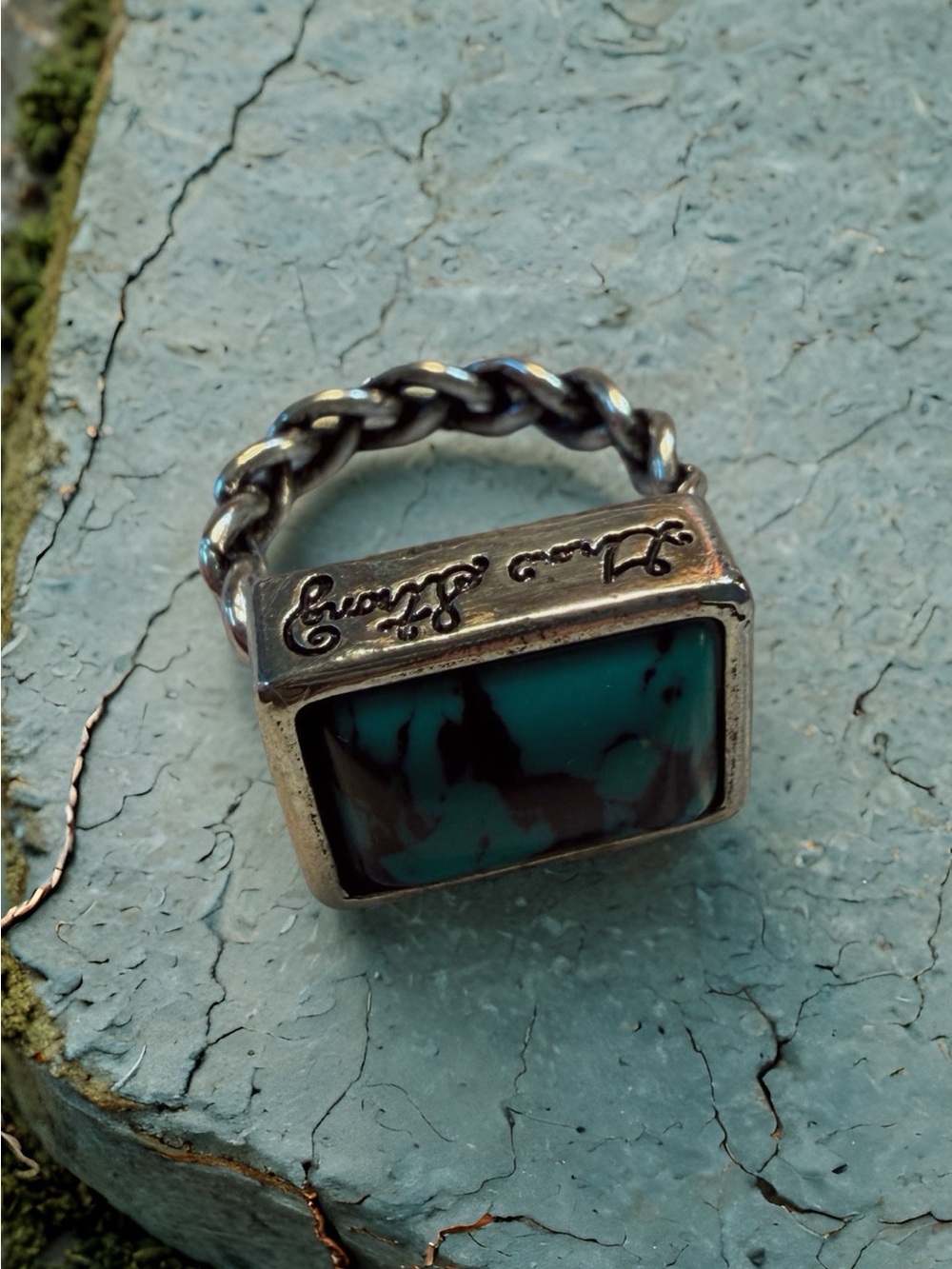 “Grow Strong With Nature”, Rectangle Faux Turquoise Chain Band Ring 925 New